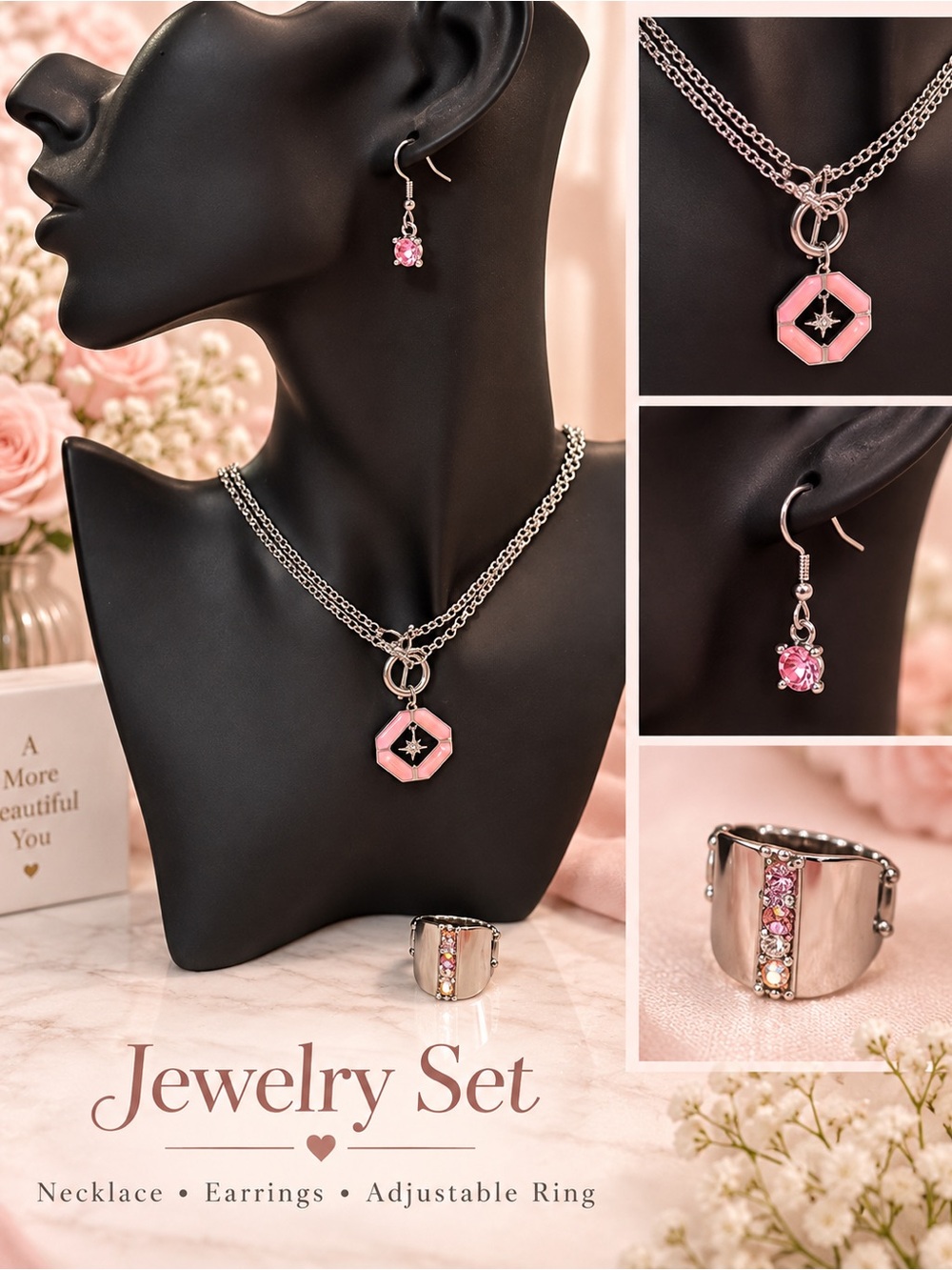 3pc Pink Hexagon Pendant Necklace, Earrings & Adjustable Ring Jewelry Set NEW